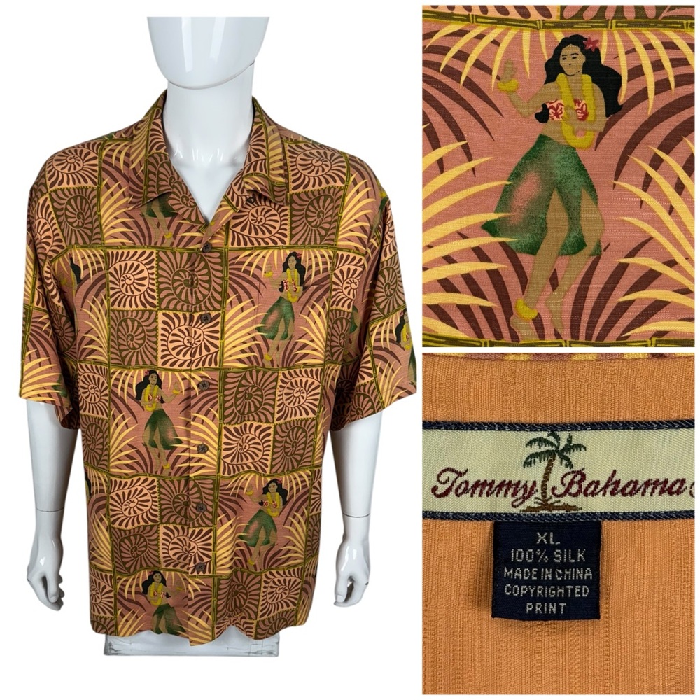 Tommy Bahama Mens XL Shirt Silk Hawaiian Hula Girl Dancer Orange Aloha Camp EUC